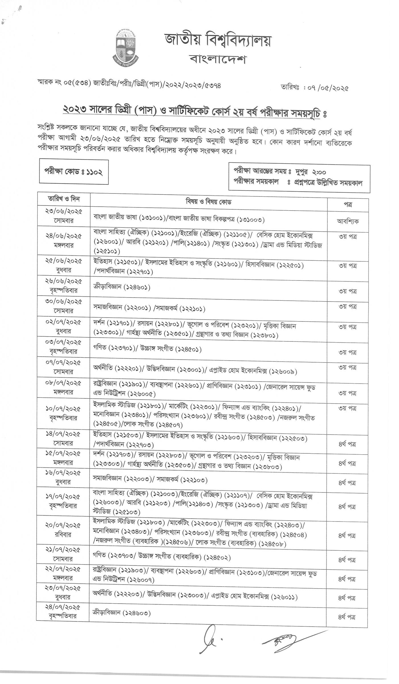 Degree 2nd Year Exam Routine 2025