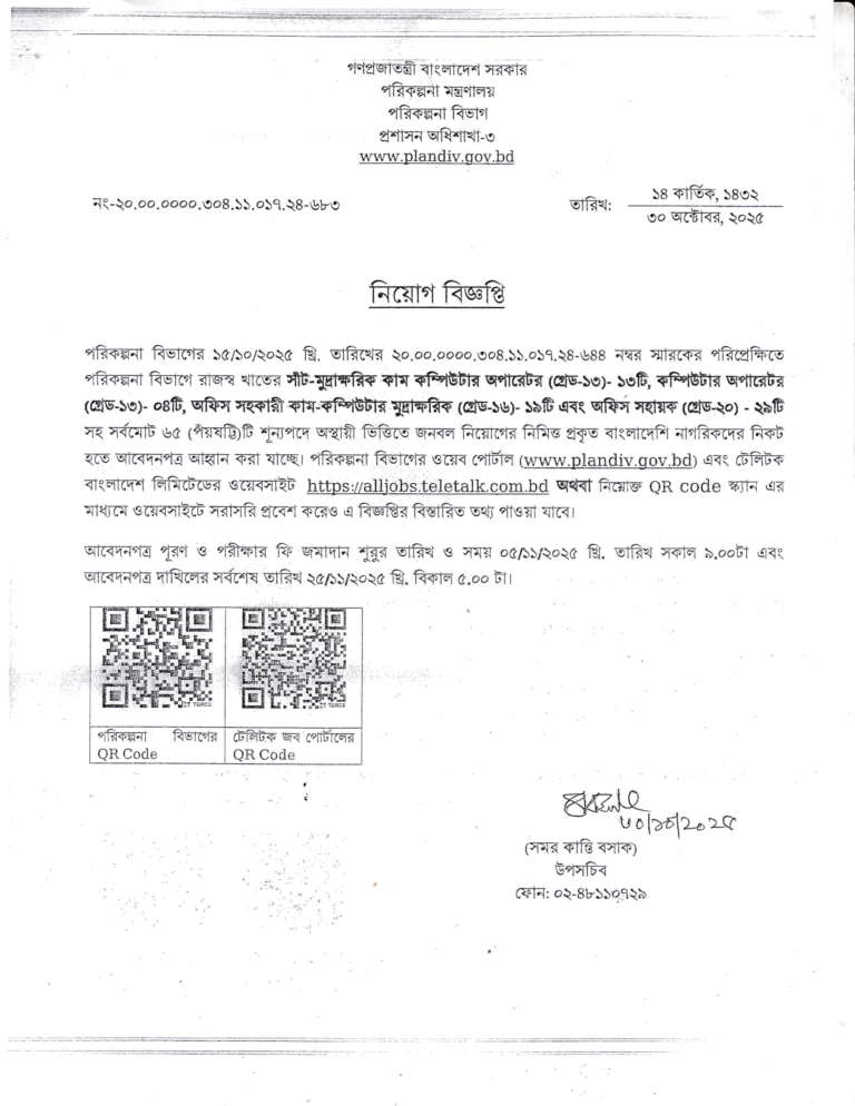 Planning Division Job Circular 2026 plandiv.teletalk.com.bd