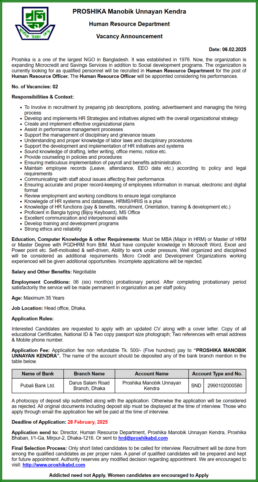 Proshika Manobik Unnayan Kendra Job Circular 2025 Image