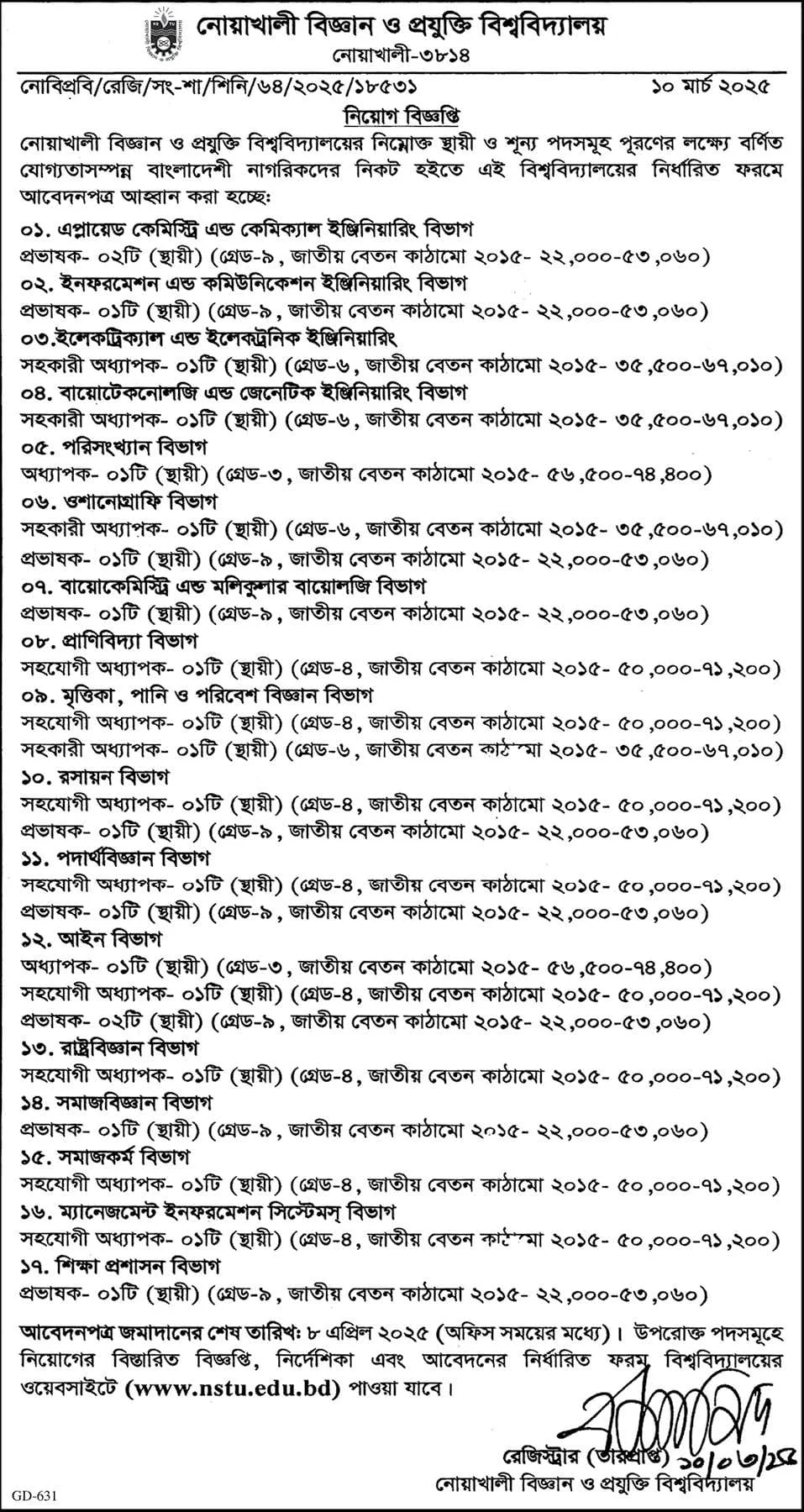 নোয়াখালী বিজ্ঞান ও প্রযুক্তি বিশ্ববিদ্যালয় নিয়োগ বিজ্ঞপ্তি ২০২৫-NSTU Job Circular 2025